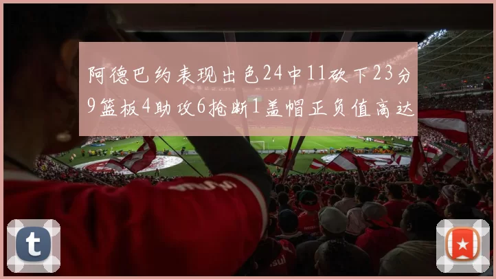 阿德巴约表现出色24中11砍下23分9篮板4助攻6抢断1盖帽正负值高达22